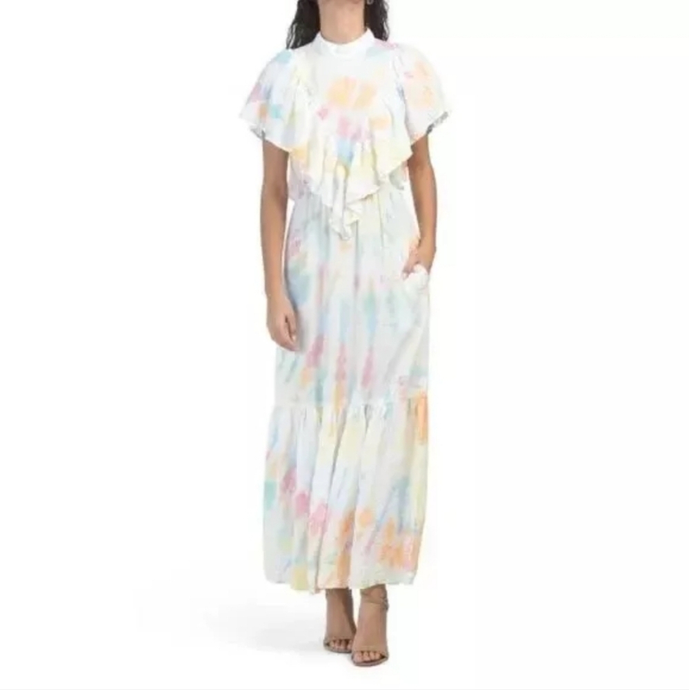 Young Fabulous & Broke Cruz Ruffle Open Back Colorful Tie-Dye Maxi Dress Size XS